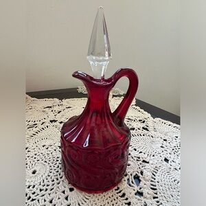 Vintage Ruby Red Glass Cruet Repeat S Pattern Crystal Stopper 8”. Great Shape!